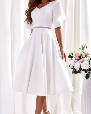 Rochie cununie civila, midi, din bumbac, alba, in clos, asimetrica, LunaW