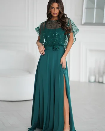 Rochie de nunta lunga verde smarald cu paiete pe bust vaporoasa Azaliya