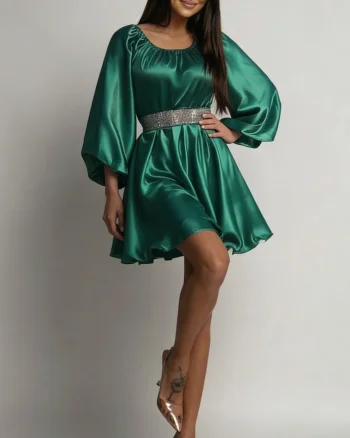 Rochie de ocazie eleganta scurta din satin verde babydoll vaporoasa Merida