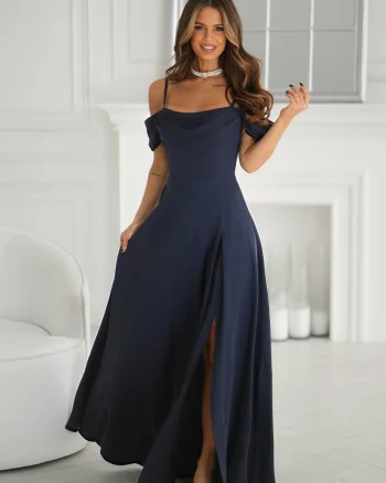 Rochie de ocazie lunga bleumarin navy cu umerii goi vaporoasa Katiya