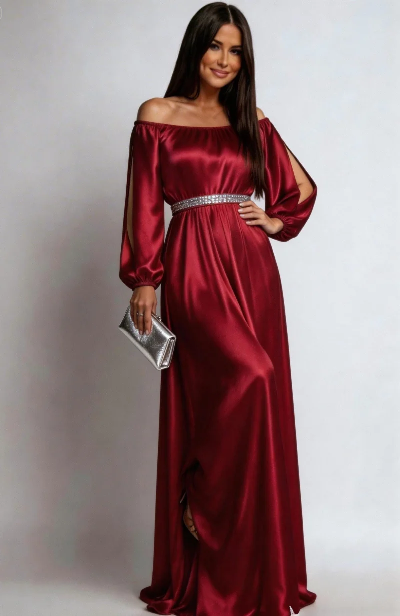 Rochie de ocazie lunga burgundy din satin vaporoasa cu maneca lunga Larisa