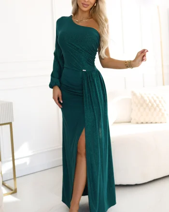 Rochie de ocazie lunga din brocart verde cu maneca lunga si umar gol Shimmer