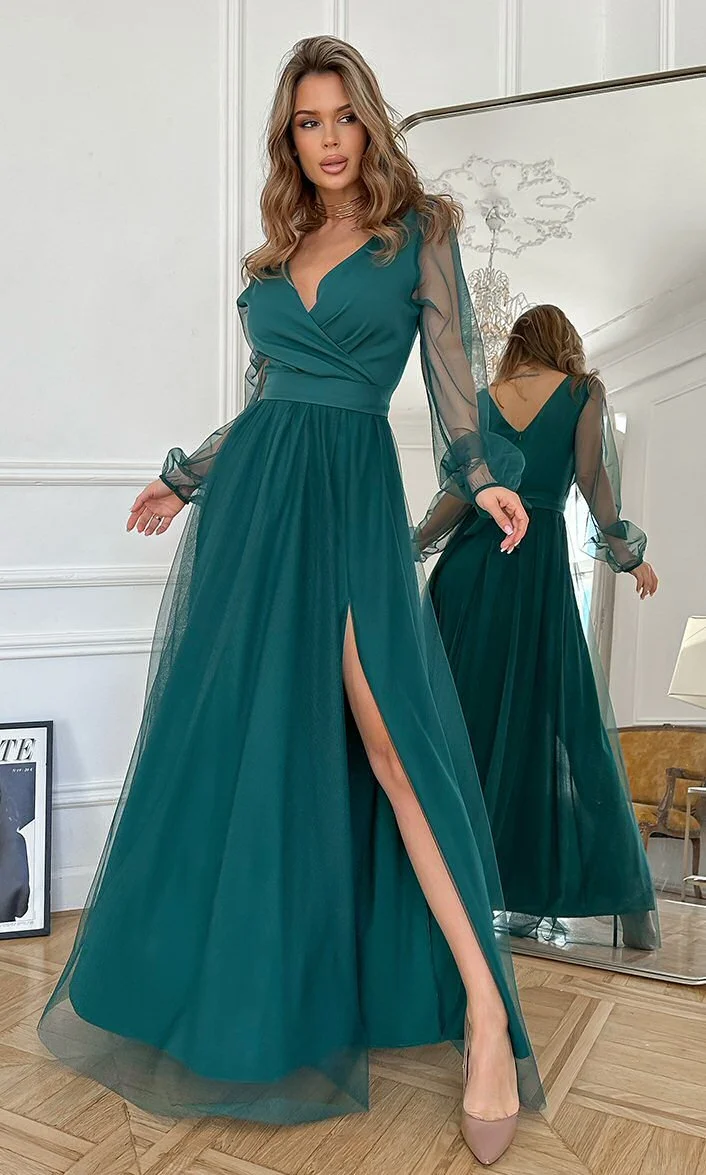 Rochie de ocazie lunga verde din tulle cu maneca lunga SplendorB