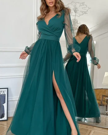 Rochie de ocazie lunga verde din tulle cu maneca lunga SplendorB