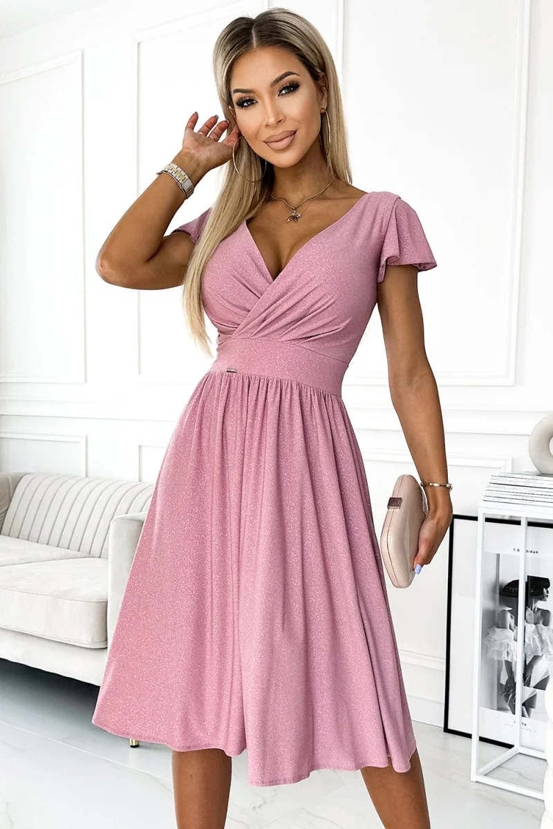 Rochie de ocazie midi roz pal din glitter petrecuta in clos Klotilda