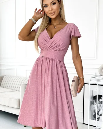 Rochie de ocazie midi roz pal din glitter petrecuta in clos Klotilda