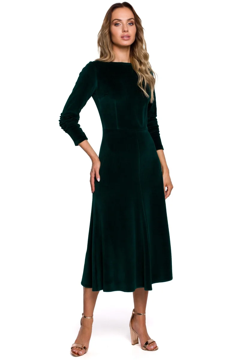 Rochie de ocazie midi verde din catifea clasica Simina