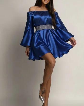 Rochie de ocazie scurta albastra din satin babydoll vaporoasa Merida