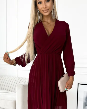 Rochie de ocazie scurta din chiffon burgundy plisata vaporoasa Lisa