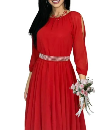Rochie de ocazie scurta rosie din voal cu maneca trei sferturi Larra