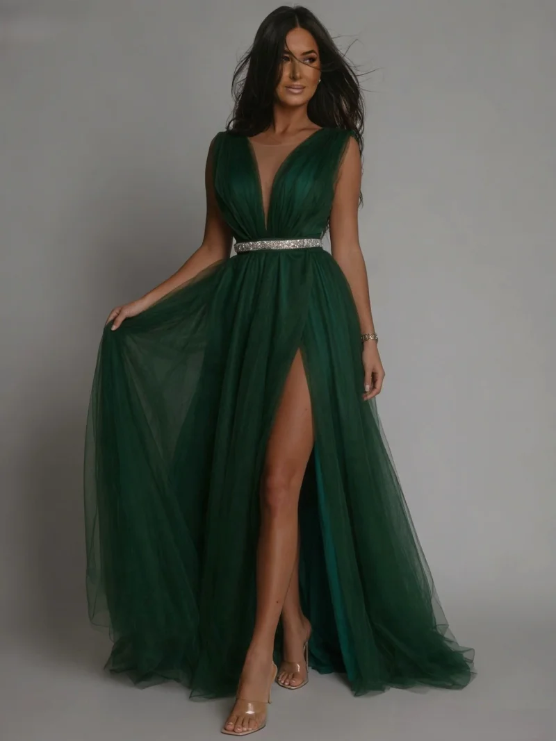 Rochie de seara eleganta lunga cu tul verde smarald Adele