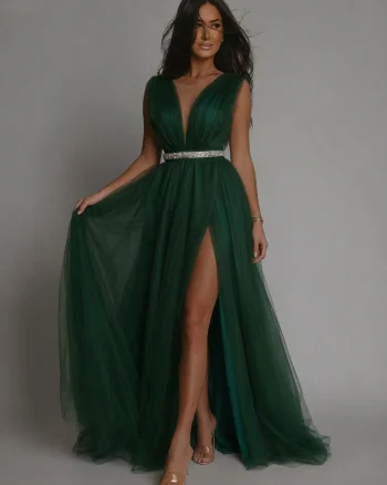 Rochie de seara eleganta lunga cu tul verde smarald Adele