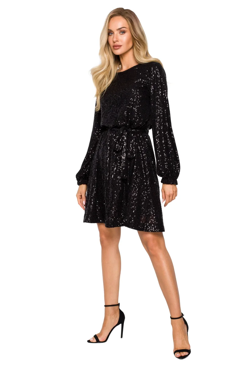 Rochie de seara eleganta midi neagra din paiete cu maneca lunga Naomi