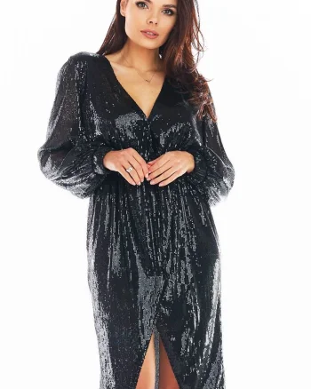 Rochie de seara eleganta midi neagra petrecuta din paiete Charme
