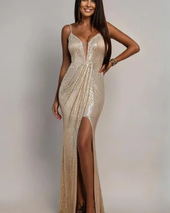 Rochie de seara lunga mulata aurie din paiete Celine