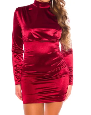 Rochie de seara scurta mulata din satin burgundy cu maneca lunga Evonne