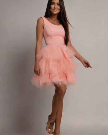 Rochie de seara scurta roz pal cu pene din tulle Sandra