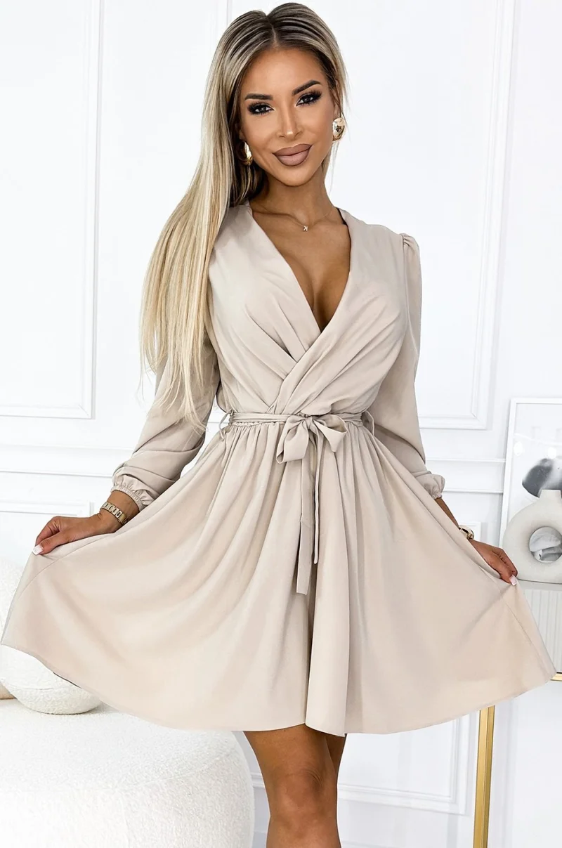 Rochie de zi scurta, bej, cu maneca lunga, petrecuta, vaporoasa, Aurora