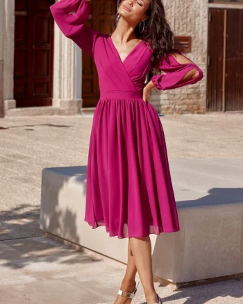 Rochie din voal roz magenta midi cu maneca lunga vaporoasa Melen