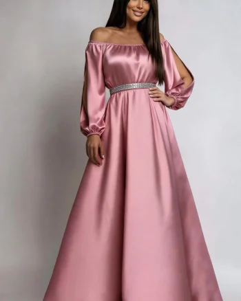 Rochie eleganta de ocazie lunga din satin roz pal cu maneca lunga vaporoasa Larisa