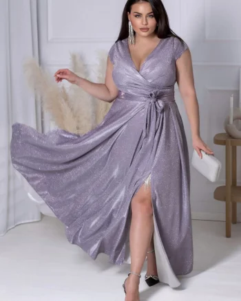 Rochie eleganta in marimi mari, lunga, din bumbac cu glitter, violet, crapata pe picior,  AmandaW