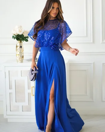 Rochie eleganta lunga albastra cu paiete pe bust vaporoasa Azaliya