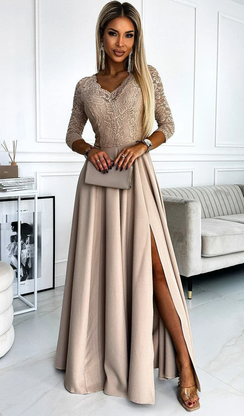 Rochie eleganta lunga bej cu bustul din dantela Allegria