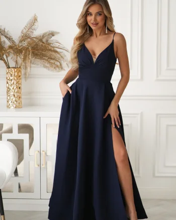 Rochie eleganta lunga bleumarin navy cu bust tip corset Jasmine