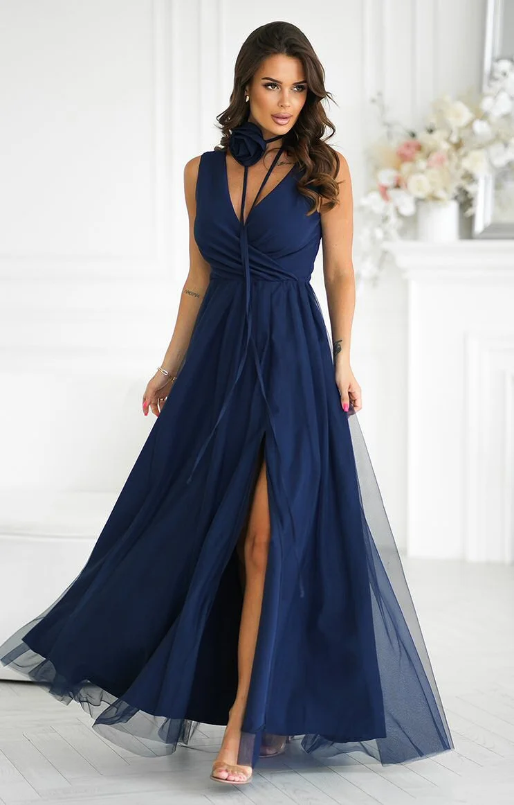 Rochie eleganta lunga bleumarin vaporoasa din tulle cu floare decorativa Dyandra