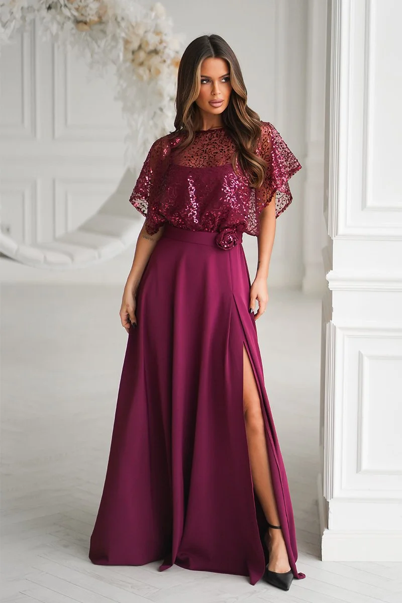 Rochie eleganta lunga burgundy cu paiete vaporoasa Azaliya