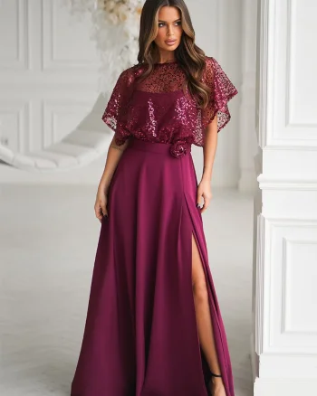 Rochie eleganta lunga burgundy cu paiete vaporoasa Azaliya