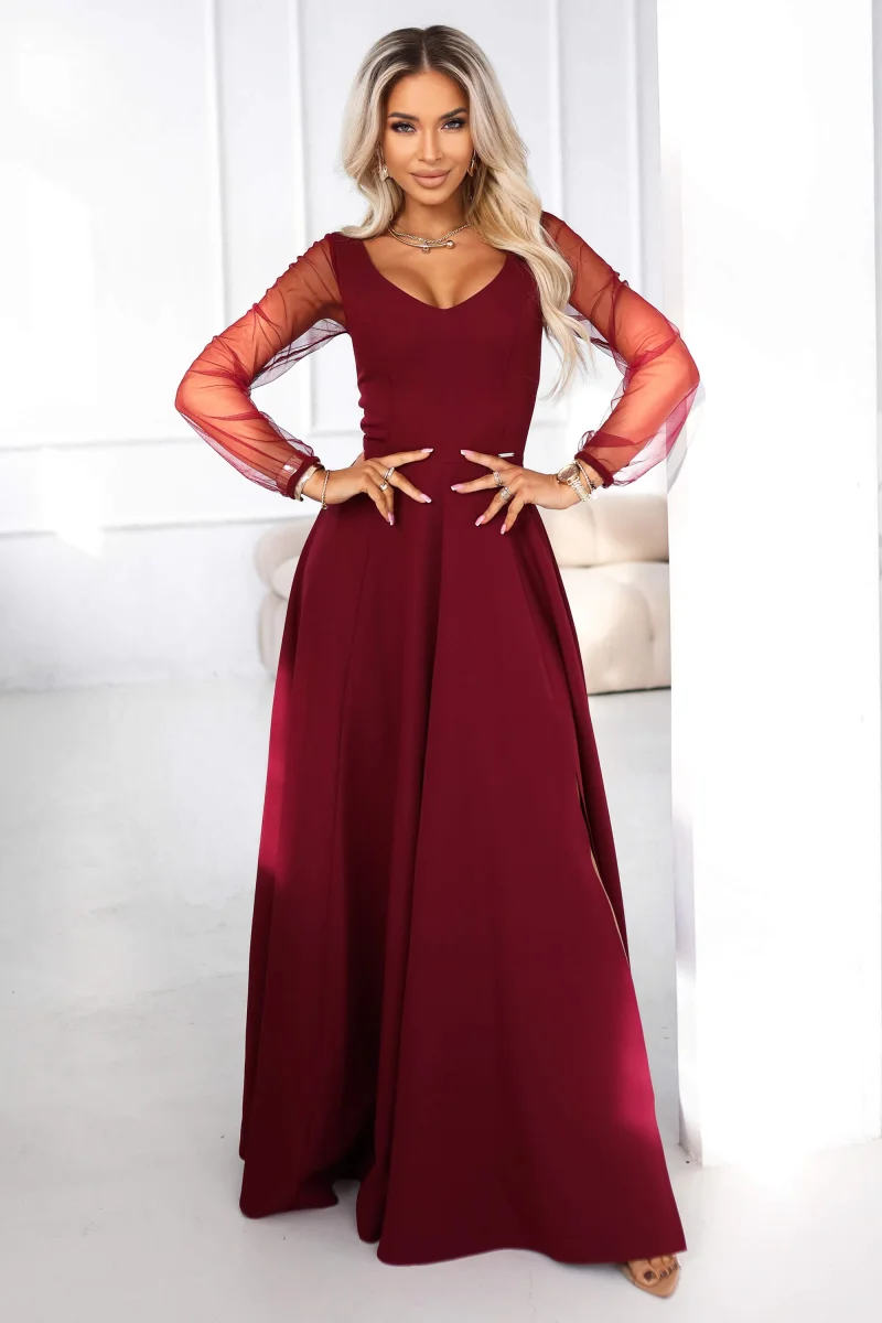 Rochie eleganta lunga burgundy vaporoasa cu maneca lunga Lorretta