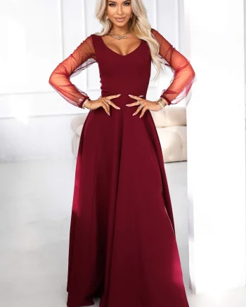 Rochie eleganta lunga burgundy vaporoasa cu maneca lunga Lorretta