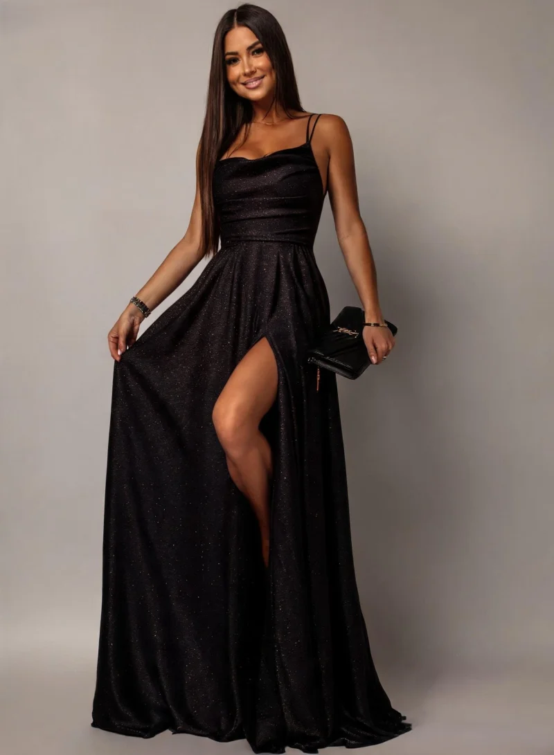 Rochie eleganta lunga din brocard neagra cu bust tip corset Precious