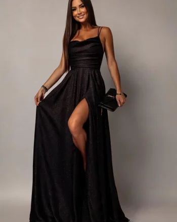 Rochie eleganta lunga din brocard neagra cu bust tip corset Precious