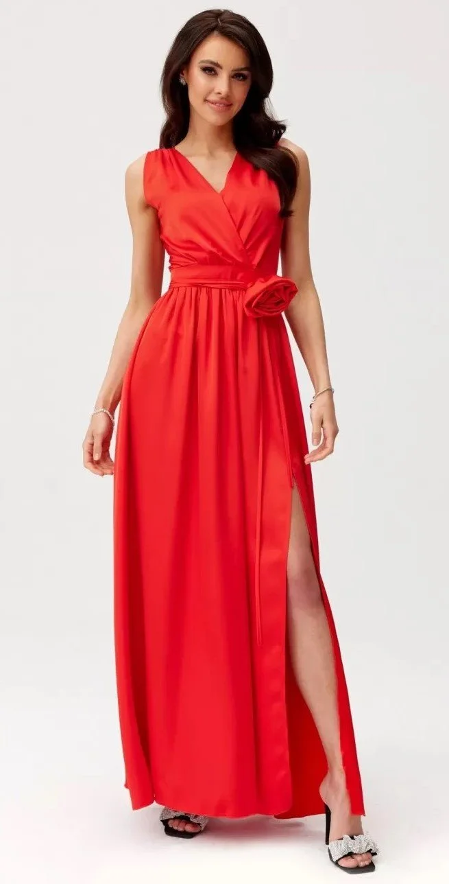 Rochie eleganta lunga din satin rosie cu floare in talie PalomaR