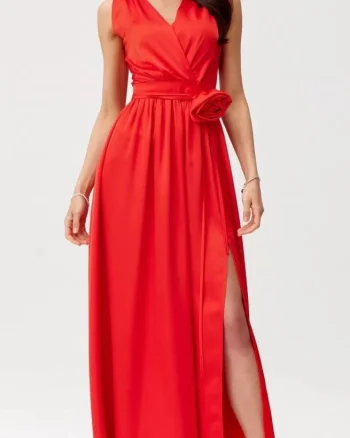 Rochie eleganta lunga din satin rosie cu floare in talie PalomaR