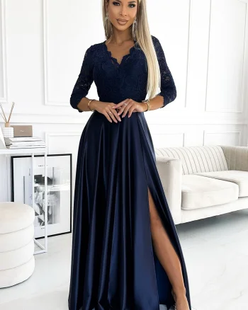 Rochie eleganta lunga din satin si dantela bleumarin cu maneca trei sferturi Allegria