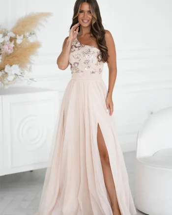 Rochie eleganta lunga din tulle  bej cu paiete vaporoasa cu un umar gol Amaryllis