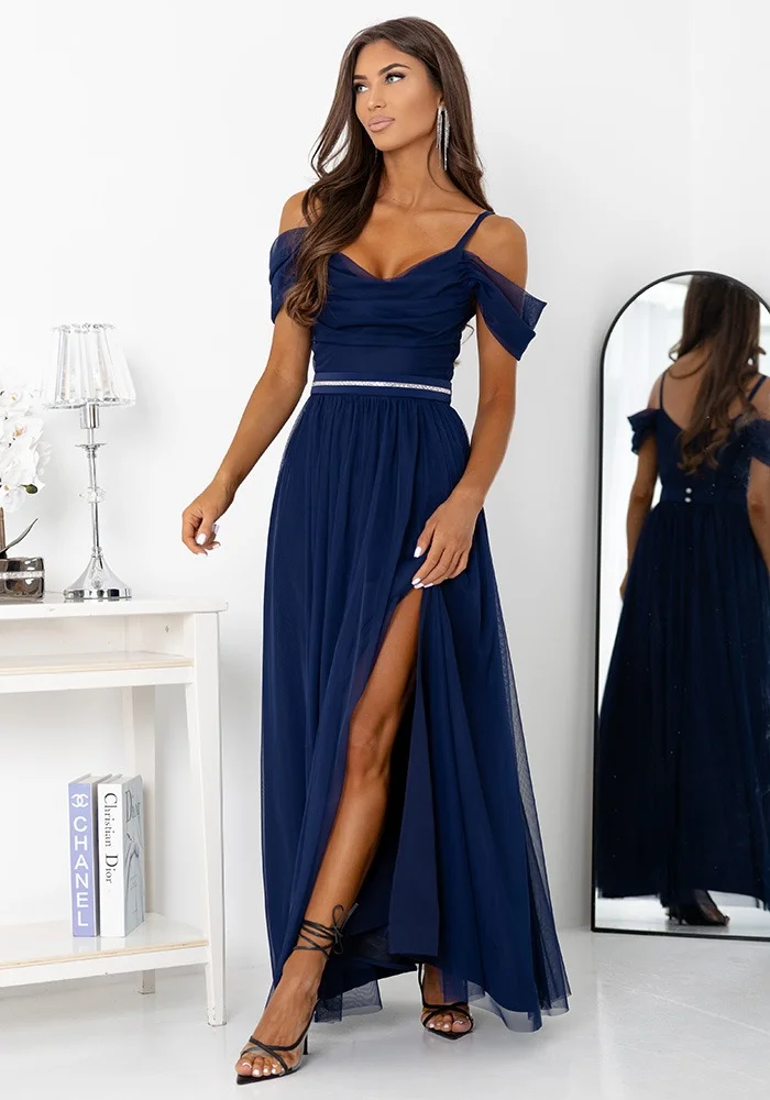 Rochie eleganta lunga din tulle bleumarin navy cu umerii goi vaporoasa KiaraW