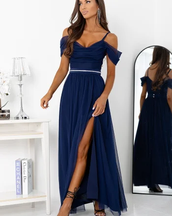Rochie eleganta lunga din tulle bleumarin navy cu umerii goi vaporoasa KiaraW