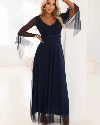 Rochie eleganta lunga din tulle bleumarin navy vaporoasa cu maneca lunga SheenyN