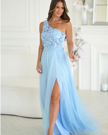 Rochie eleganta lunga din tulle cu paiete baby blue Amaryllis