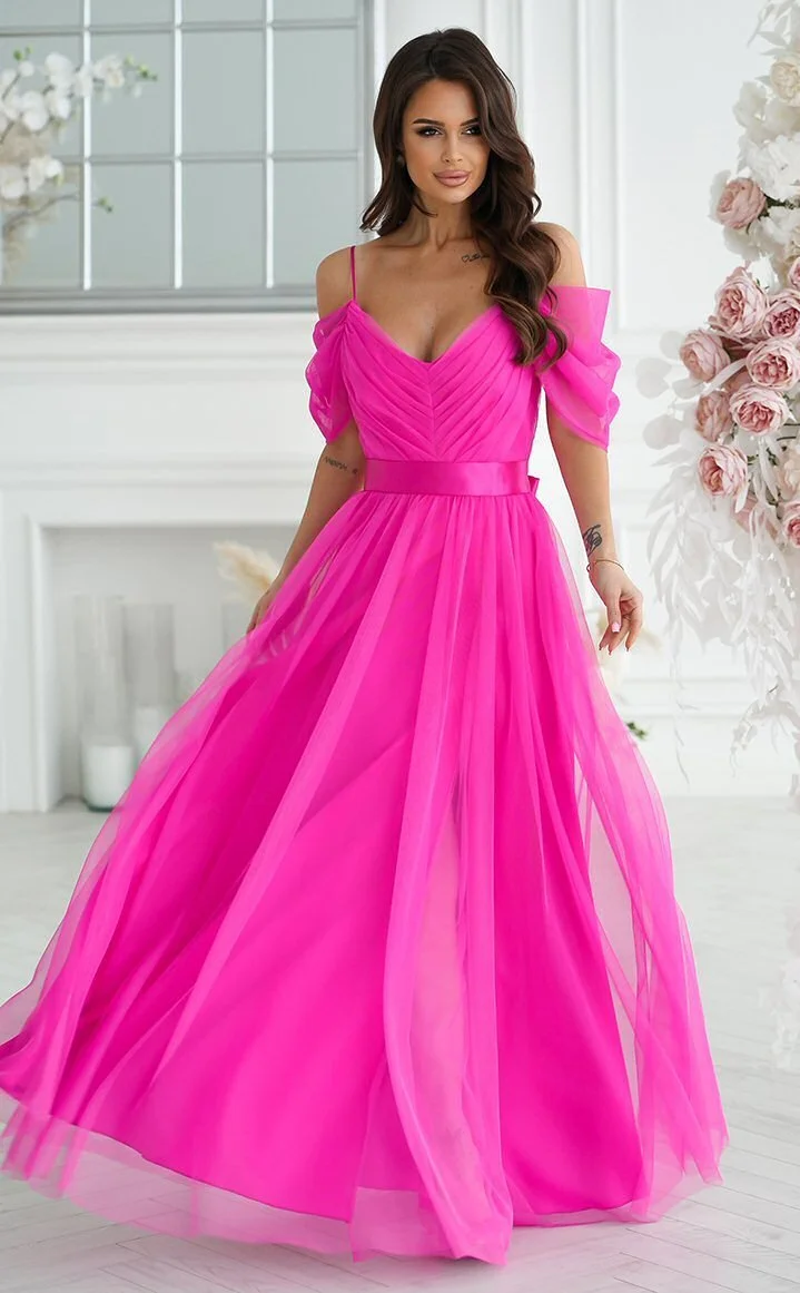 Rochie eleganta lunga din tulle roz fucsia vaporoasa cu umerii goi FloraY