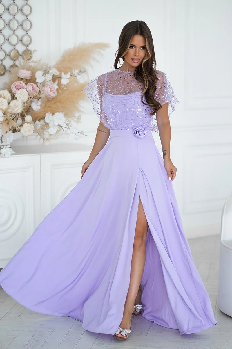 Rochie eleganta lunga lila cu paiete vaporoasa Azaliya
