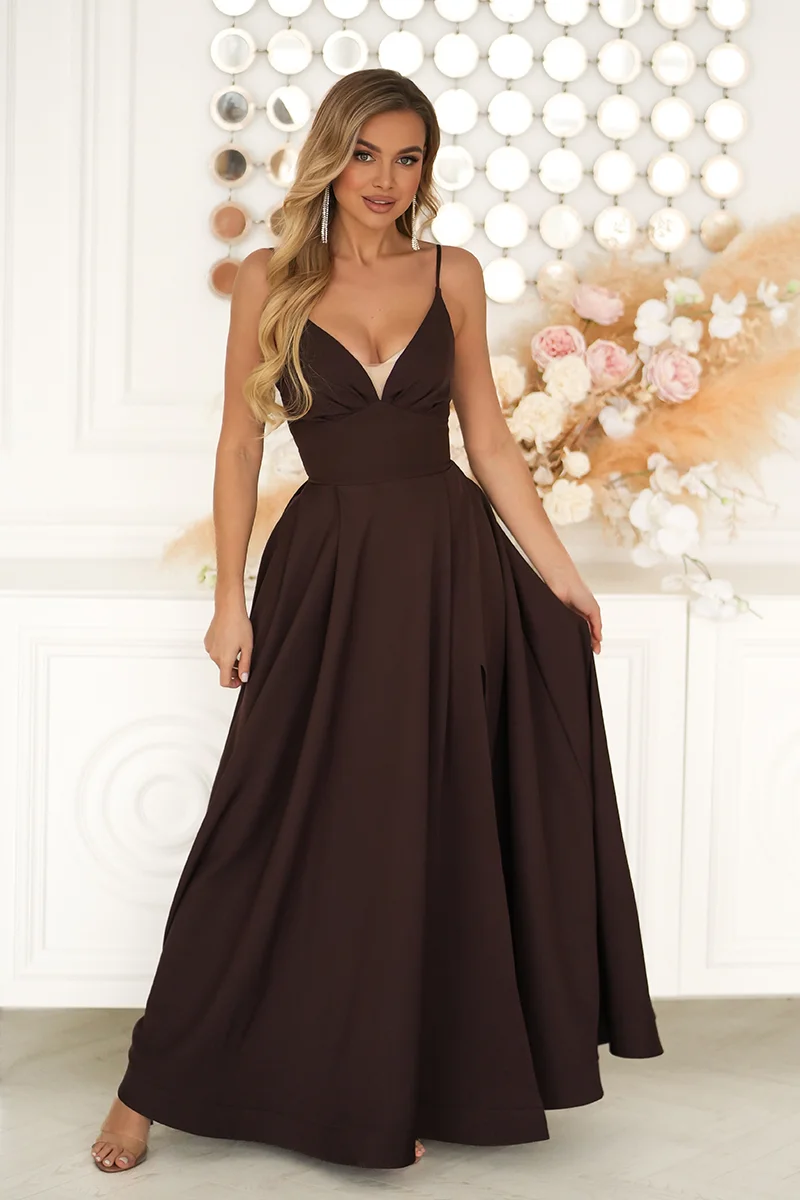 Rochie eleganta lunga maro ciocolata cu bust tip corset vaporoasa Jasmine