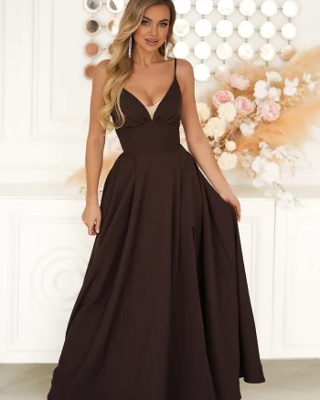 Rochie eleganta lunga maro ciocolata cu bust tip corset vaporoasa Jasmine