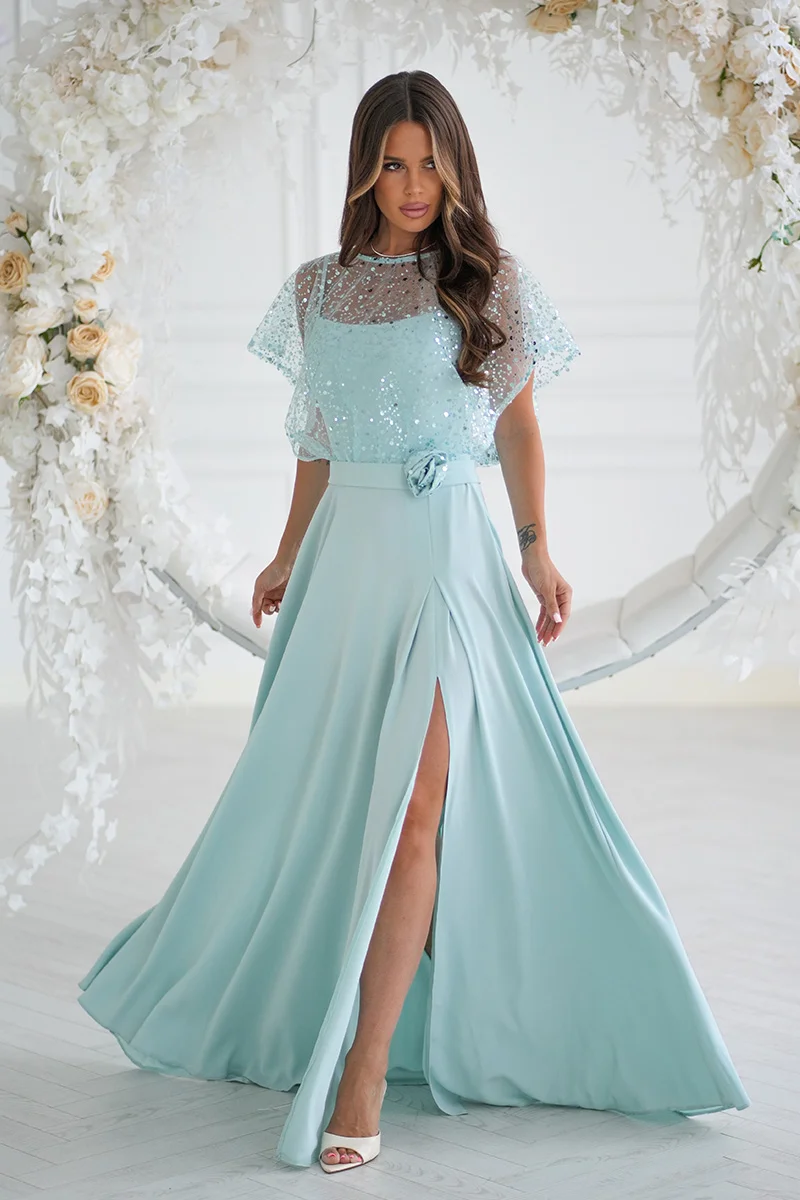 Rochie eleganta lunga menta cu paiete vaporoasa Azaliya
