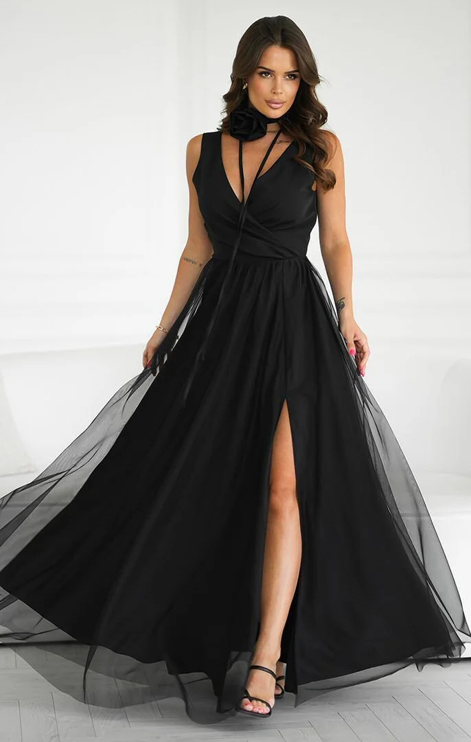 Rochie eleganta lunga neagra vaporoasa din tulle cu floare pe umar Dyandra
