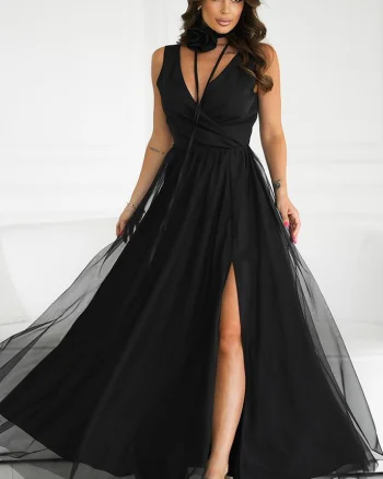 Rochie eleganta lunga neagra vaporoasa din tulle cu floare pe umar Dyandra
